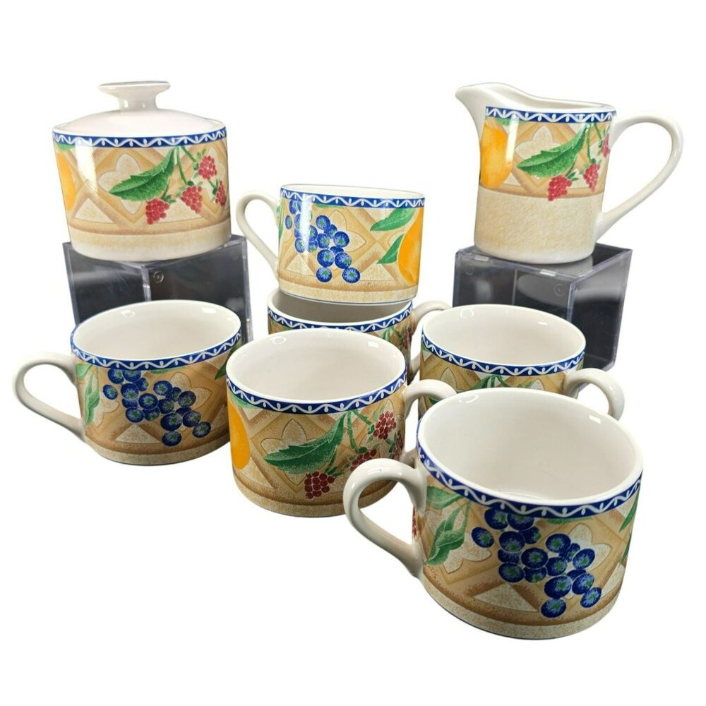 Sango Delight Ceramic Fruit-Themed Mugs Sugar Bowl & Creamer Set JJ3830